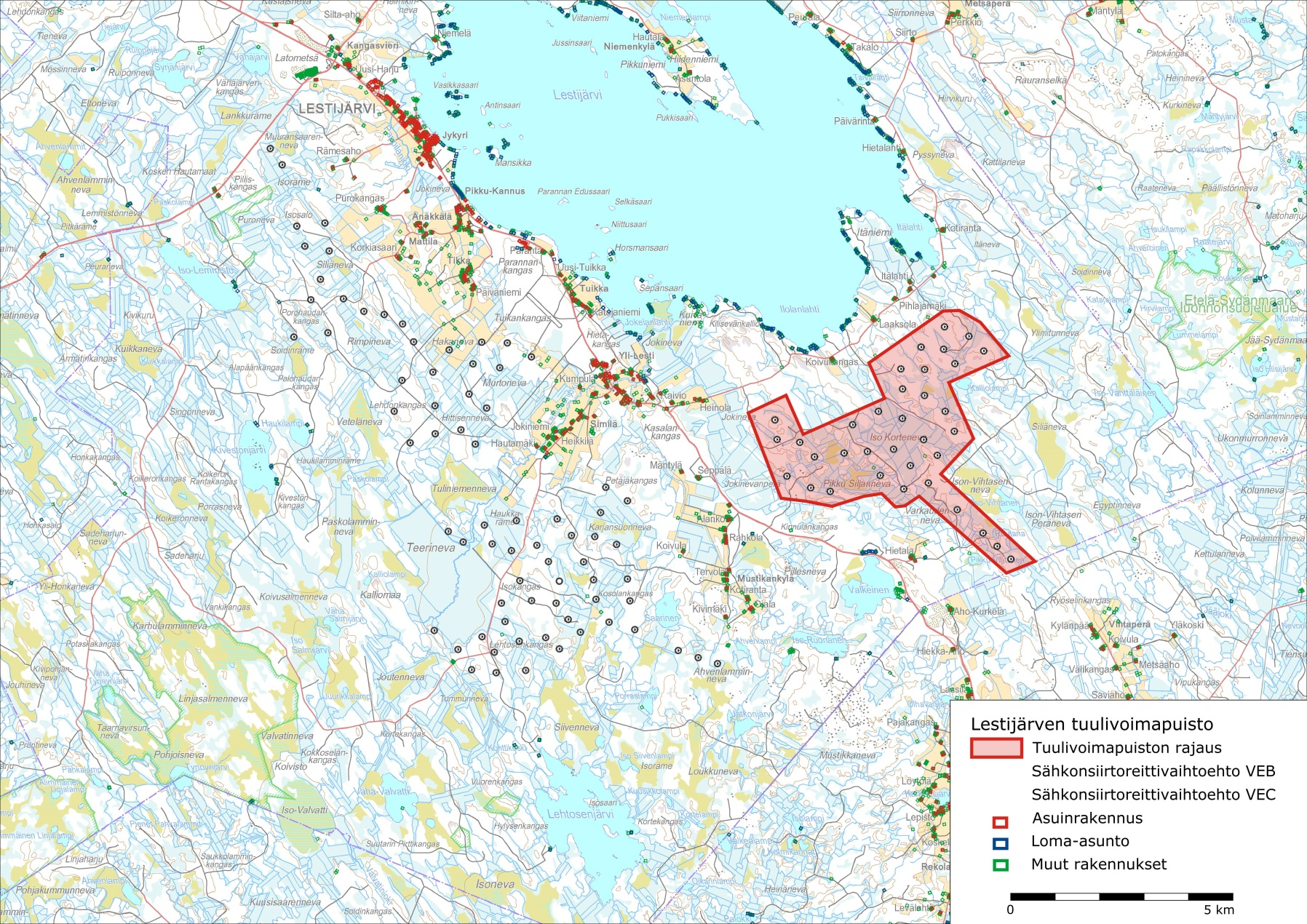 LESTIJÄRVEN KUNTA LESTIJÄRVEN TUULIVOIMAPUISTON Kuva 6. Asuinrakennukset (punaisella), loma-asunnot (sinisellä) ja muut rakennukset (vihreällä) suunnittelualueen ympäristössä.