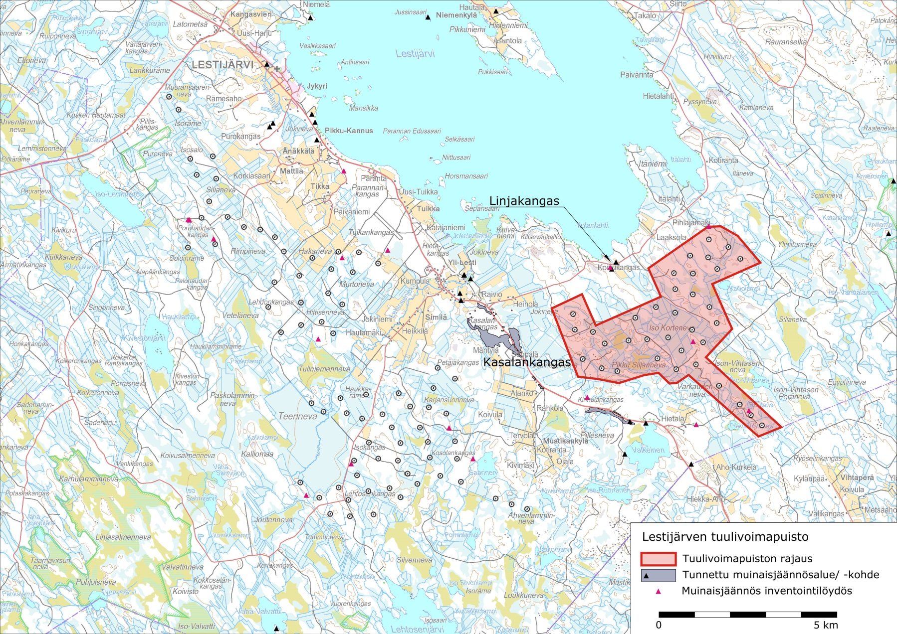 LESTIJÄRVEN KUNTA LESTIJÄRVEN TUULIVOIMAPUISTON Kuva 11. Suunnittelualueelle ja sen lähiympäristöön sijoittuvat muinaisjäännökset. 5.4.