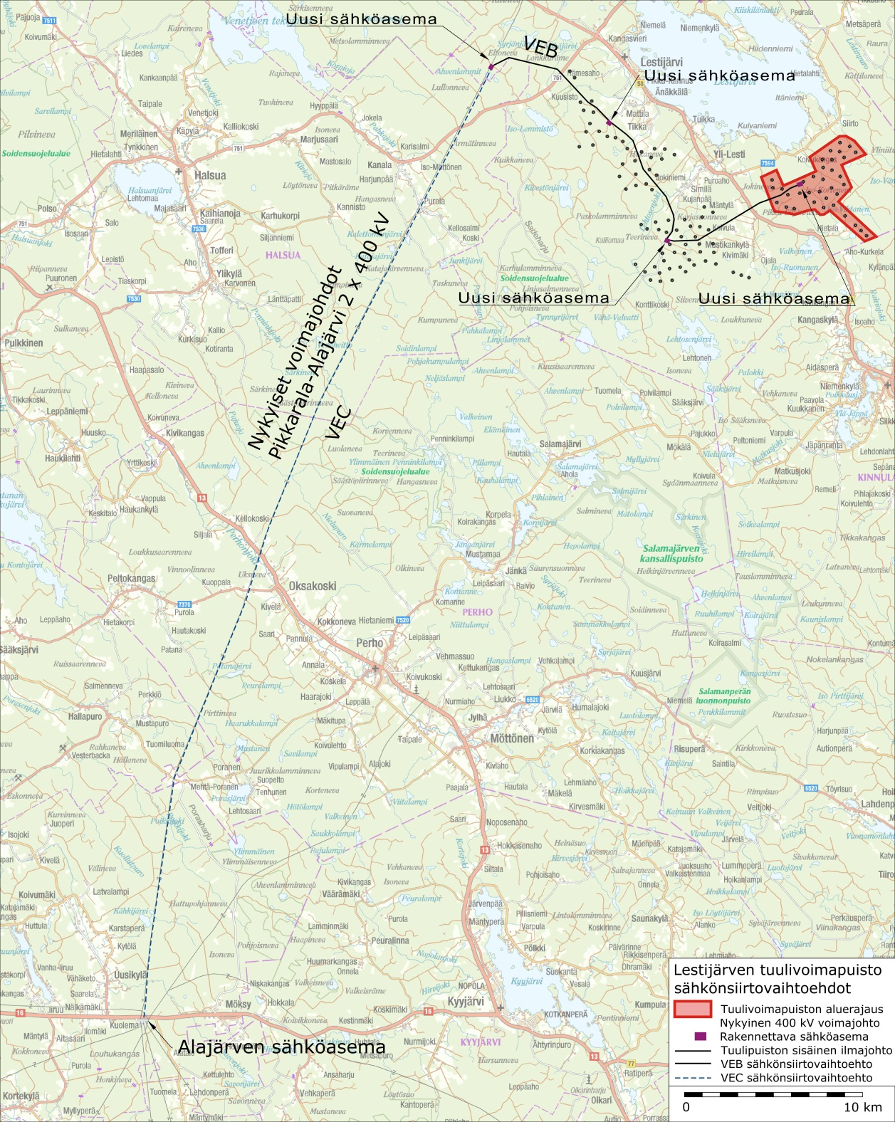 Pikkarala-Alajärvi voimajohtoreitin rinnalle. Voimajohtoreitin pituus osayleiskaava-alueen ulkopuolella on noin 58 km. Kuva 38. Sähkönsiirtoreittien vaihtoehdot.