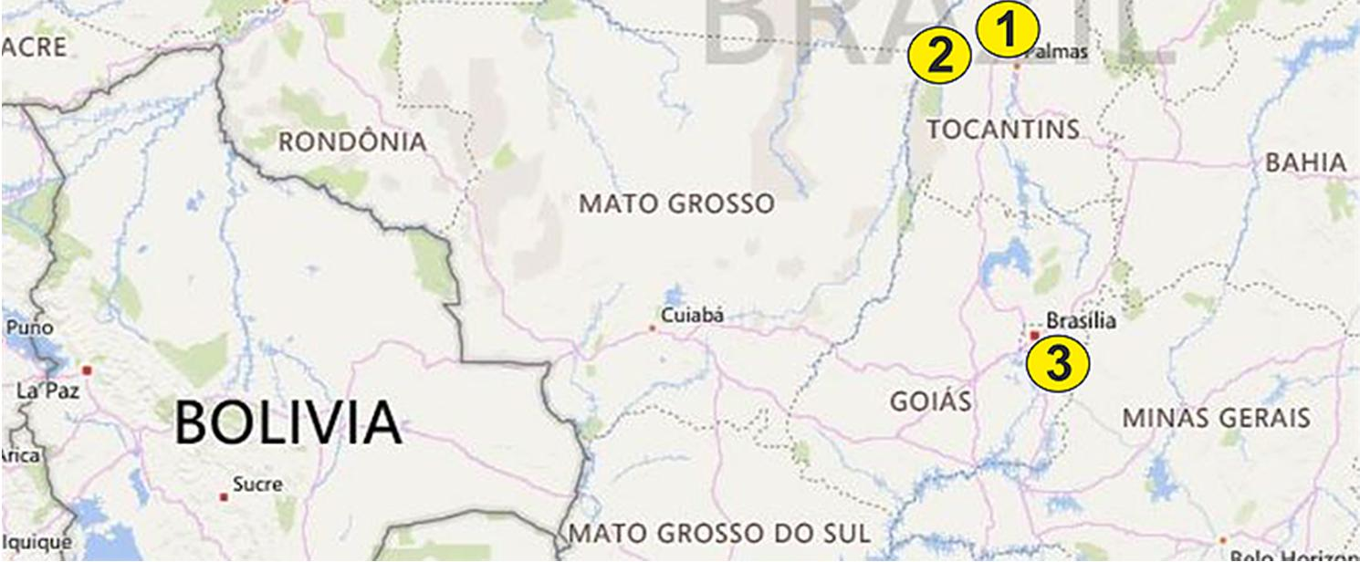 Tocantins ja Brasília samalla kartalla. 1. Palmas, Tocantins 2. Fazenda Praia Alta, Lagoa da Confusão 3.