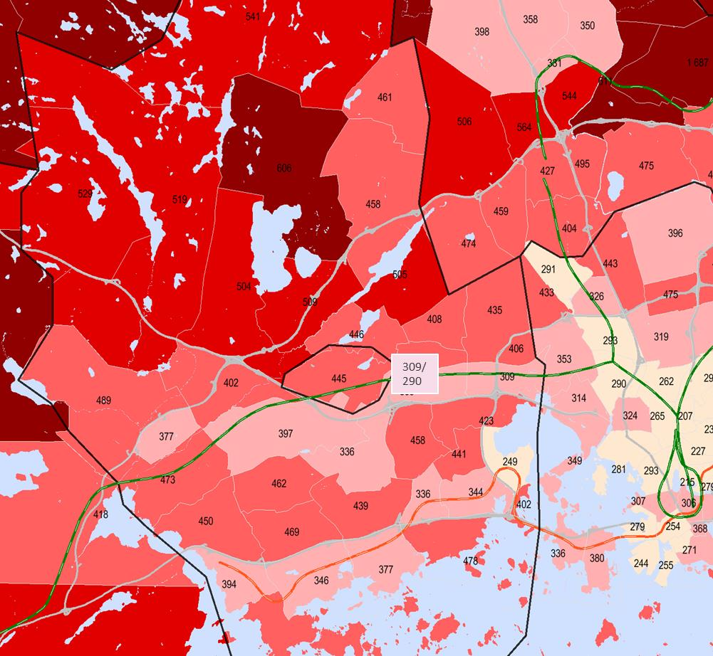 Ennustetut henkilöautotiheydet Espoon eri alueilla. Osayleiskaava-aluetta vastaavalla ennustealueella luku on 309 henkilöautoa/1000 asukasta (M14) tai 290 henkilöautoa/1000 asukasta (M20).