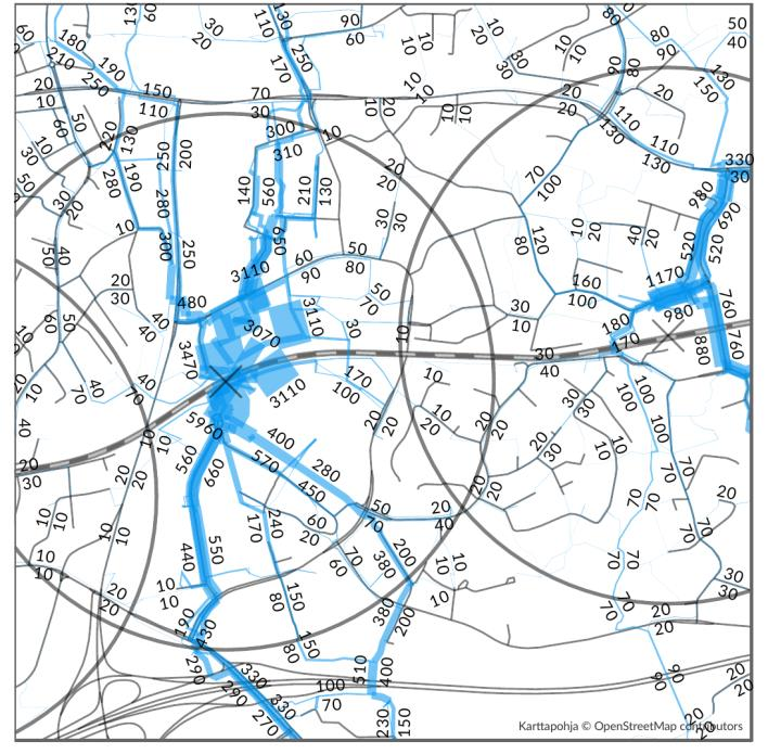 Osayleiskaavavaihtoehdon M20 simuloidut kävelymatkat arkivuorokautena v. 2040.