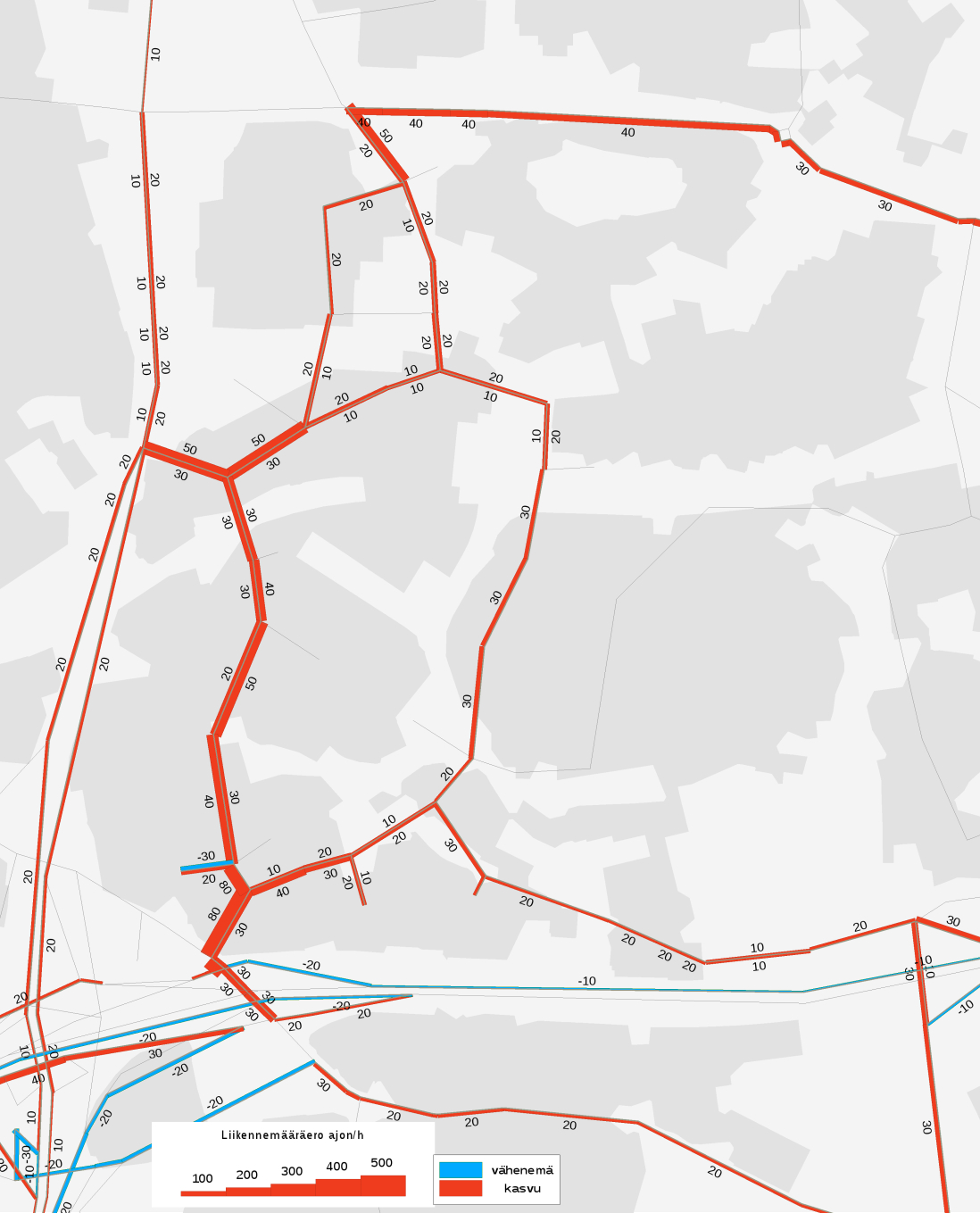 Osayleiskaavavaihtoehdon M14 autoliikenteen aamuhuipputunnin kuormitusennuste v. 2040.