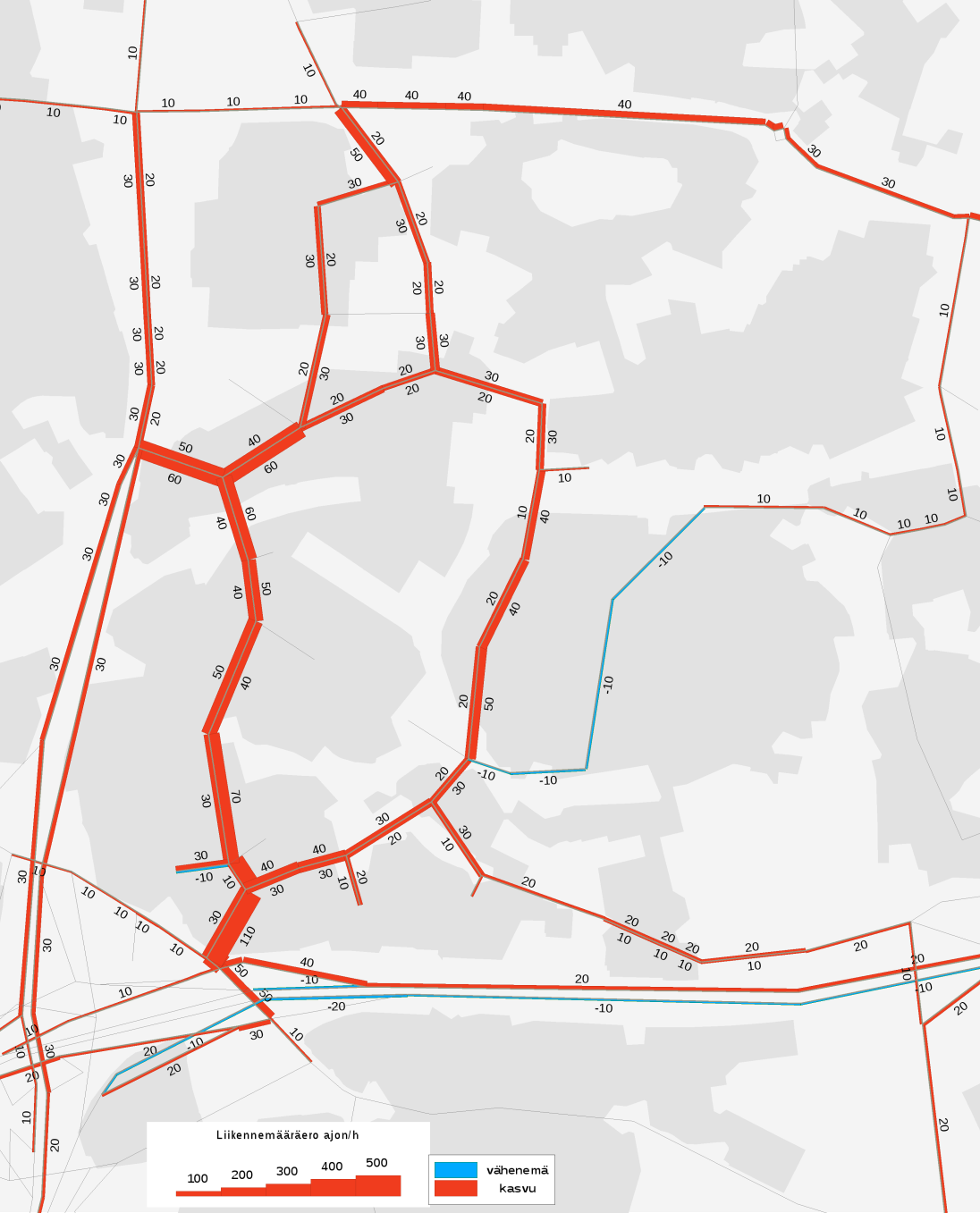 Osayleiskaavavaihtoehdon M14 autoliikenteen iltahuipputunnin kuormitusennuste v. 2040.