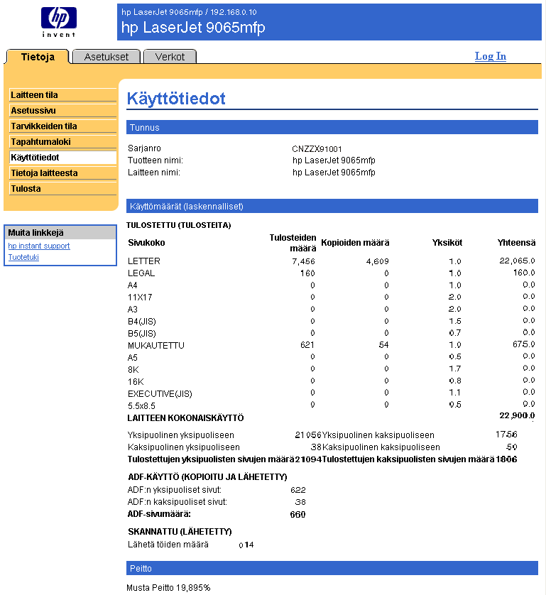 Käyttötiedot Käyttötiedot-sivulla on tietoja siitä, mitä materiaalikokoja laitteessa on käytetty ja mikä on näiden käytettyjen kokojen tulostusmäärä.