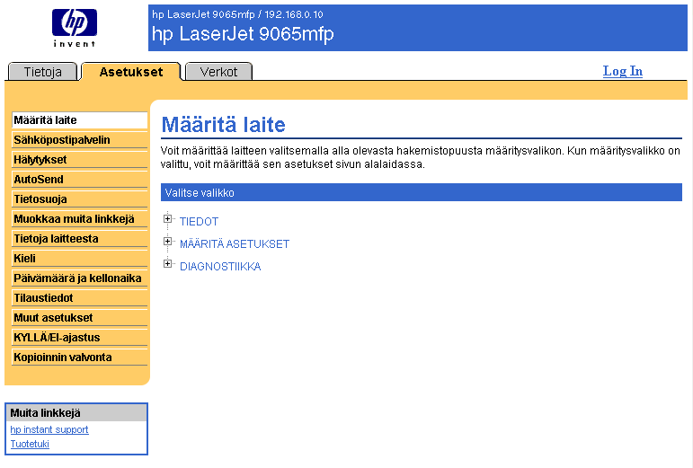 Määritä laite Määritä laite -sivulla voi tulostaa tuotteen tiedot sekä määrittää tuotteen asetukset etäyhteyden kautta. Seuraava kuva, taulukko ja esimerkki opastavat sivun käytössä.