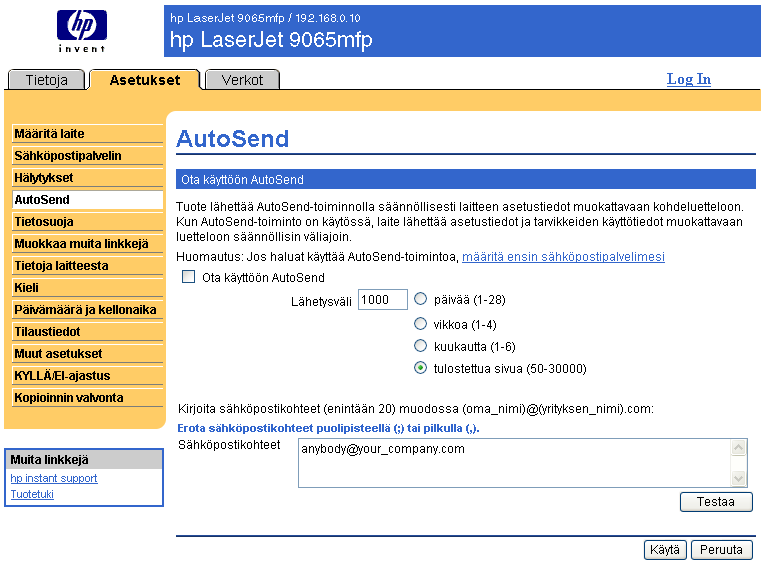 AutoSend Laitteen asetustiedot ja tarvikkeiden käyttötiedot lähetetään palveluntarjoajalle määräajoin AutoSend-sivun kautta.