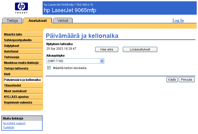 Päivämäärä ja kellonaika Päivämäärä ja kellonaika -sivulla voi päivittää tuotteen kellonajan ja määrittää verkon aikapalvelimen asetukset.