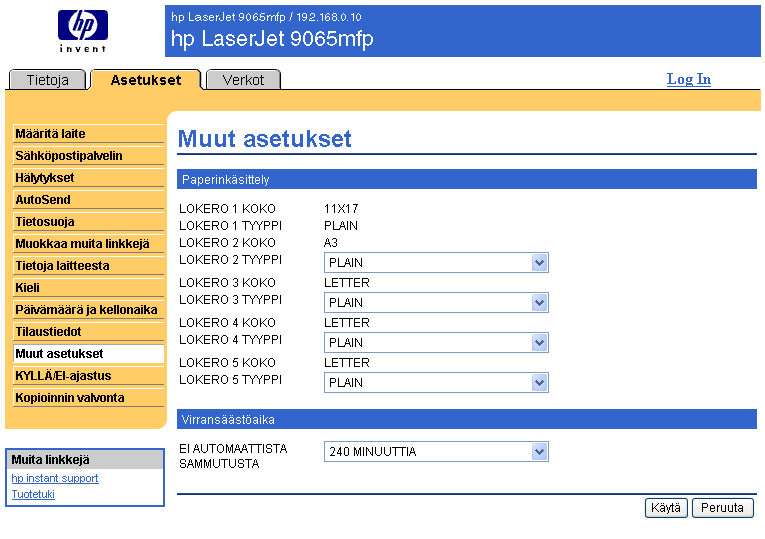 Muut asetukset Muut asetukset -sivulla on paperilokeroiden ja automaattisen virrankatkaisutoiminnon asetustietoja.