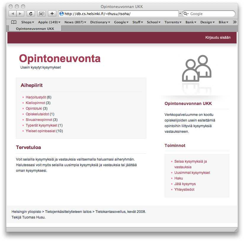 8 Kuva 4: Kuva sivusta index.php. Ympäristö Mac OS X 10.5/Safari 3.1. 3.1.2 Ylläpitosivu Tietokantasovelluksen ylläpitosivu, PHP- ja JavaScript-koodia sisältävä dynaaminen HTML-sivu Tiedosto./admin.