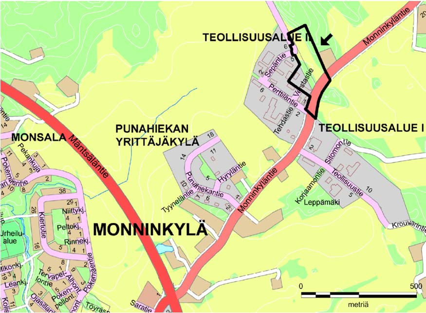 1 PERUS- JA TUNNISTETIEDOT 1.1 Kaava-alueen sijainti Suunnittelualue sijaitsee Monninkylän teollisuusalueen vieressä ja rajoittuu Monninkyläntiehen. Alueen pinta-ala on n.