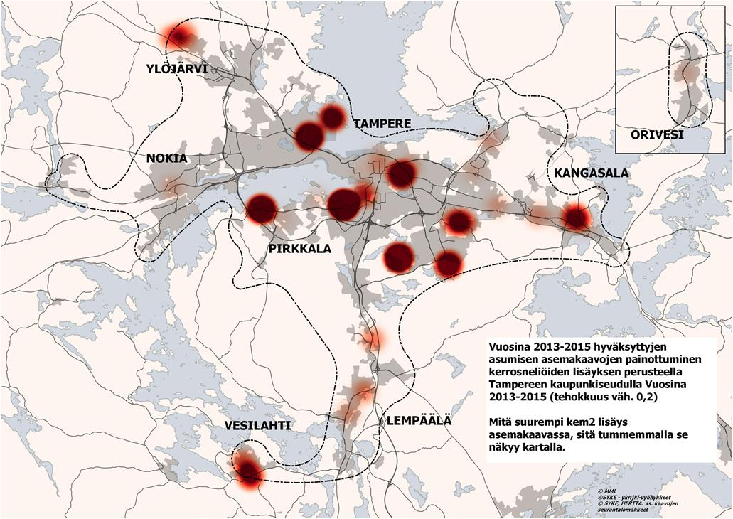 Kuva 6. Valmistuneet merkittävät asumisen asemakaavat 2013-2015: tehokkaat (punainen), keskitehokkaat (keltainen), väljät (vihreä). Lähde: kunnat Kuva 7.