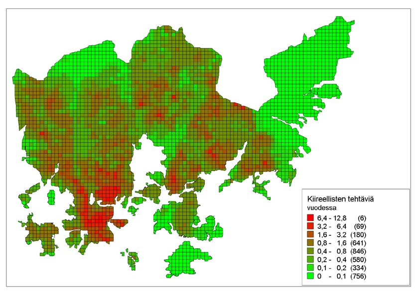 Kuva 7. Kiireellisten tehtävien määrä vuodessa 2005-2008. Liitosalueen tiedot puuttuvat.