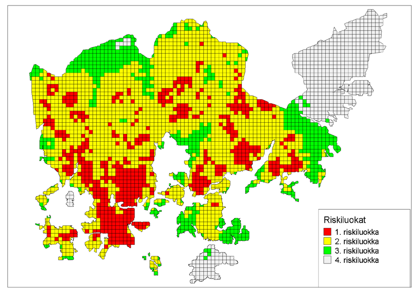 Kuva 15. Toteutuneisiin kiireellisiin tehtäviin perustuva riskiluokitus. Tehtävät vuosilta 2005-2008.