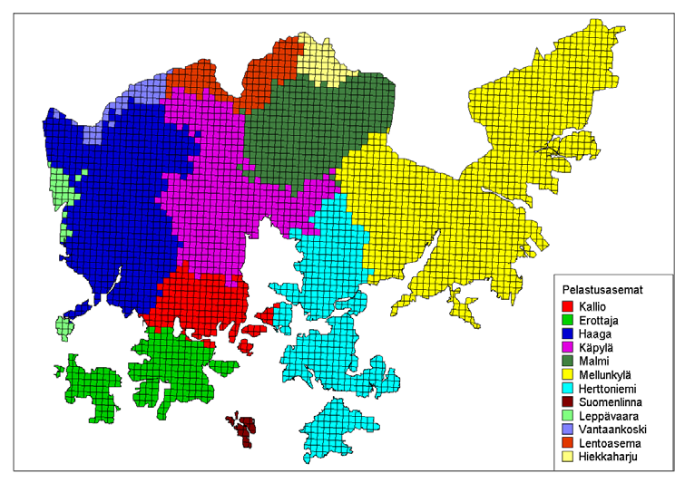 mm. valmiustelakointiin, korjaus- ja huoltotoimintaan. Itäisen meriaseman suunniteltu käyttöönotto on 2012. Kuva 36. Pelastusasemien ensisijainen toiminta-aluejako 2009.