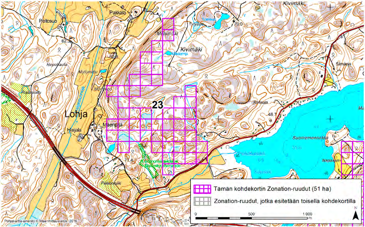 Lohja, Zonation-aluetunnus 23 LOHJA (23) Alue sijaitsee Lohjan keskiosissa Oittilan kylän eteläpuolella miltei asumattomalla kallioisella metsäalueella.