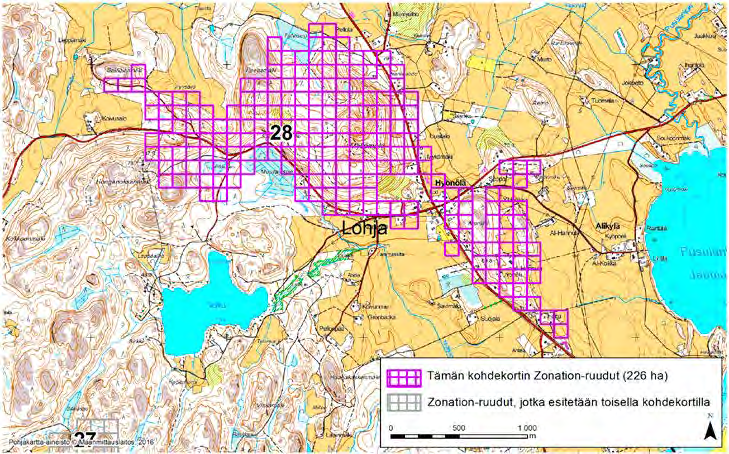 Lohja, Zonation-aluetunnus 28 LOHJA (28) Alue sijaitsee Lohjan keskiosissa Hyönölän kylällä ja sen länsipuolella sekä Alikylän länsipuolella vaihtelevalla metsäja peltoalueella, jossa on huomattavan