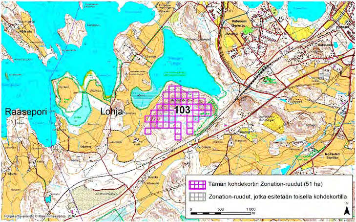 Lohja, Zonation-aluetunnus 103 LOHJA (103) Alue sijaitsee Lohjan eteläosissa Kirkniemen (Gerknäs) lounaispuolella asumattomalla kallioisella metsäalueella.