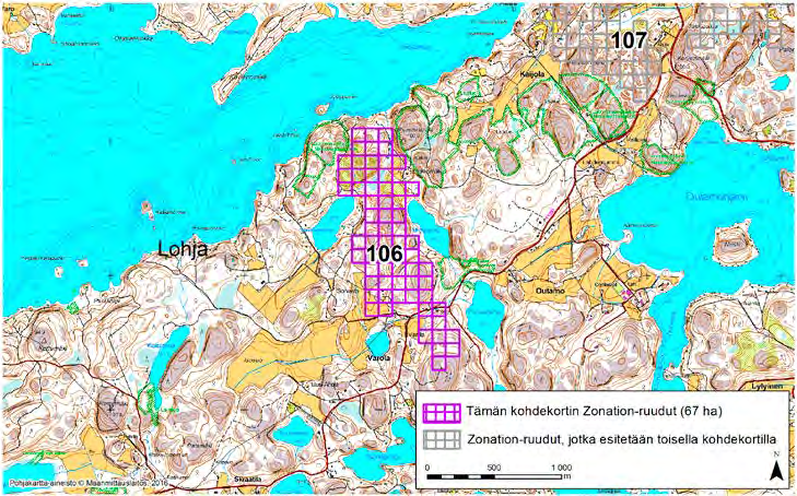 Lohja, Zonation-aluetunnus 106 LOHJA (106) Alue sijaitsee Lohjan keskiosissa Outamon kylän länsipuolella ja Varolan kylän pohjoispuolella lähes asumattomalla kallioisella metsäalueella, jolla on