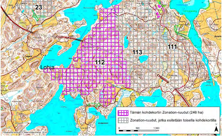 Lohja, Zonation-aluetunnus 112 LOHJA (112) Alue sijaitsee Lohjan keskiosissa Jantoniemen kylän pohjoispuolella ja Talpelan kylän itäpuolella osin asumattomalla kallioisella metsäalueella, jolla on