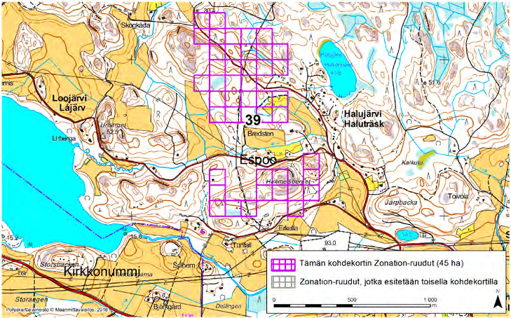 Espoo, Zonation-aluetunnus 39 ESPOO (39) Alue sijaitsee Espoon länsiosissa Halujärven (Haluträsk) ja Loojärven (Låjärv) kylien välissä osittain asutulla metsäalueella.