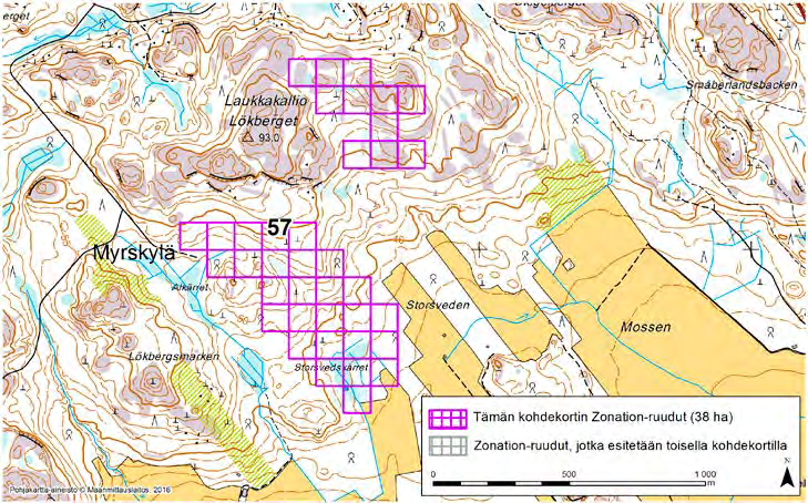 Myrskylä, Zonation-aluetunnus 57 MYRSKYLÄ (57) Alue sijaitsee Myrskylän itäosissa Kurjenkulman lounais- ja Rämsänkylän luoteispuolella asumattomalla metsäalueella, johon liittyy peltoalueita kaakossa.