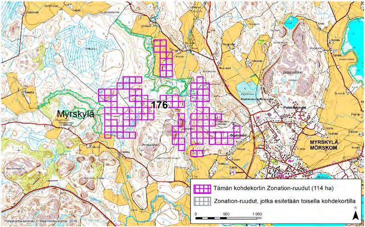 Myrskylä, Zonation-aluetunnus 176 MYRSKYLÄ (176) Alue sijaitsee Myrskylän keskustan luoteispuolella asumattomalla metsäalueella, johon liittyy peltoalueita pohjoisessa ja etelässä.