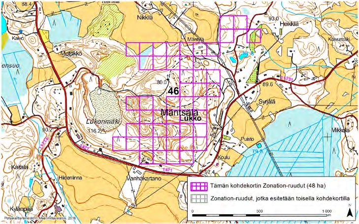 Mäntsälä, Zonation-aluetunnus 46 MÄNTSÄLÄ (46) Alue sijaitsee Mäntsälän keskiosissa Lukon kylässä pääosin asumattomalla metsäisellä harjualueella.