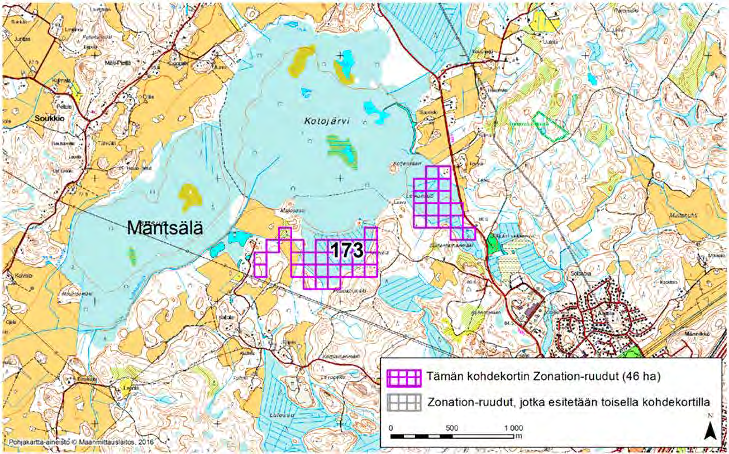 Mäntsälä, Zonation-aluetunnus 173 MÄNTSÄLÄ (173) Alue sijaitsee Mäntsälän keskiosissa Anttilan kylän luoteispuolella ja Kotojärven eteläpuolella lähes asumattomalla metsä-, suo- ja peltoalueella.
