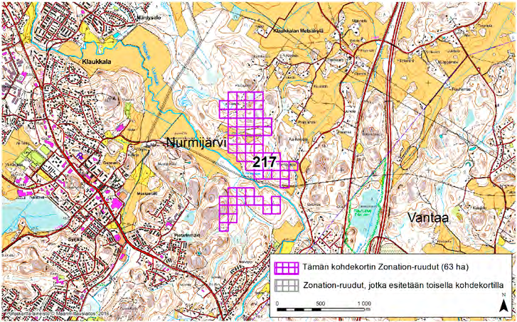 Nurmijärvi, Zonation-aluetunnus 217 NURMIJÄRVI (217) Alue sijaitsee Nurmijärven eteläosassa Klaukkalan kylässä taajama-alueen itäpuolella pääosin asumattomalla metsäalueella peltoaukeiden välissä.