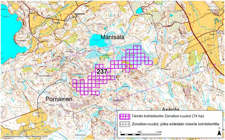 Pornainen-Mäntsälä, Zonation-aluetunnus 237 PORNAINEN-MÄNTSÄLÄ (237) Alueen länsiosa sijaitsee Pornaisten koillisosassa Halkian kylästä koilliseen kallioisella metsäalueella.