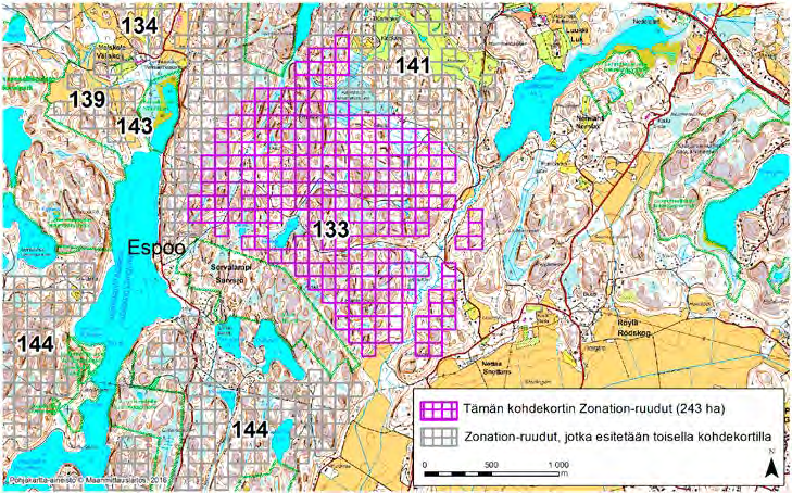 Espoo, Zonation-aluetunnus 133 ESPOO (133) Alue sijaitsee Espoon pohjoisosissa Nettaan (Snettans) kylän luoteispuolella ja Sorvalammen (Sarvsjö) kylän koillispuolella pääosin asumattomalla