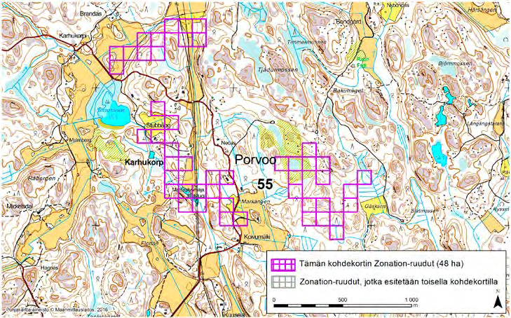 Porvoo, Zonation-aluetunnus 55 PORVOO (55) Alue sijaitsee Porvoon itäosissa Karhukorven alueella osin asumattomalla metsäalueella.