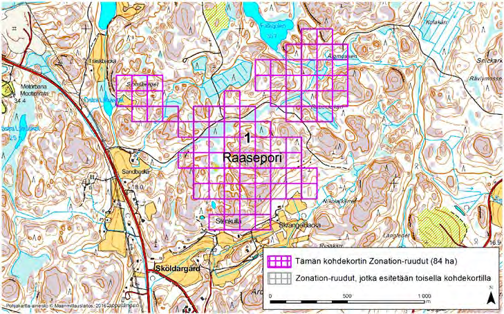 Raasepori, Zonation-aluetunnus 1 RAASEPORI (1) Kohde sijaitsee laajalla Tammisaaren Österbyn luoteispuoleisella metsäalueella.