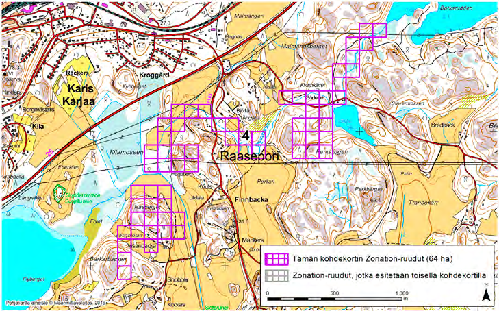 Raasepori, Zonation-aluetunnus 4 RAASEPORI (4) Alue sijaitsee Raaseporin itäosissa Karjaan taajaman ja Finnbackan kylän välissä vaihtelevalla metsä-, viljely- ja kosteikkoalueella, jossa on jonkin