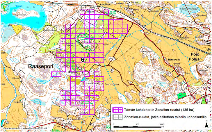 Raasepori, Zonation-aluetunnus 6 RAASEPORI (6) Alue sijaitsee Raaseporin keskiosissa Björsbyn ja Trädbollstadin kylien välissä alueella, joka on eteläosistaan metsän vallassa ja pohjoisessa pääosin