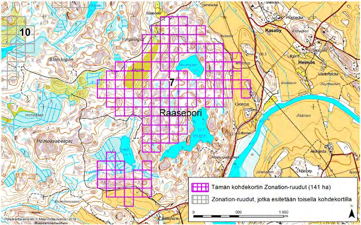 Raasepori, Zonation-aluetunnus 7 RAASEPORI (7) Alue sijaitsee Raaseporin pohjoisosissa Kasabyn kylän lounaispuolella ja Smedsbyn kylän pohjoispuolella lähes asumattomalla kallioisella metsäalueella,