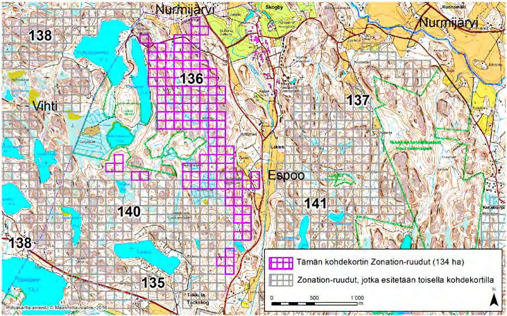 Espoo, Zonation-aluetunnus 136 ESPOO (136) Alue sijaitsee Espoon pohjoisosissa Lakiston kylän länsipuolella pääosin asumattomalla metsäalueella.