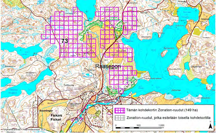 Raasepori, Zonation-aluetunnus 73 RAASEPORI (73) Alue sijaitsee Raaseporin pohjoisosissa Fiskarsin (Fiskari) taajaman pohjoispuolella pääosin asumattomalla metsä- ja peltoalueella.