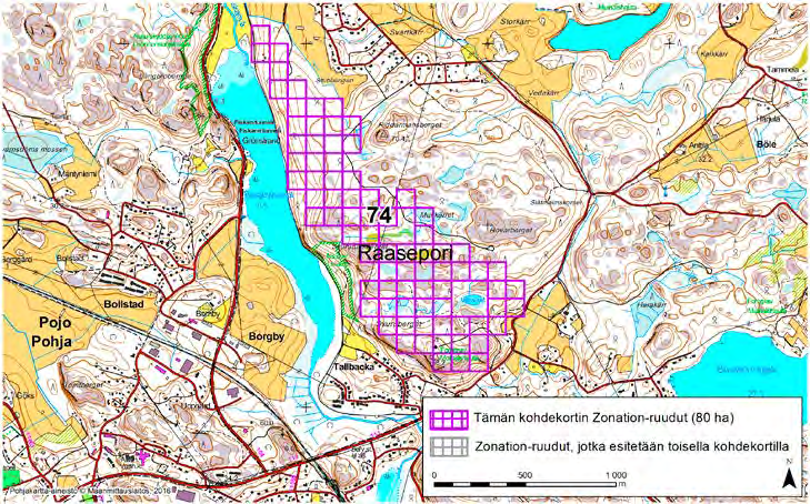 Raasepori, Zonation-aluetunnus 74 RAASEPORI (74) Alue sijaitsee Raaseporin pohjoisosissa Fiskarsin (Fiskari) taajaman eteläpuolella ja Pojon (Pohja) taajaman koillispuolella lähes asumattomalla