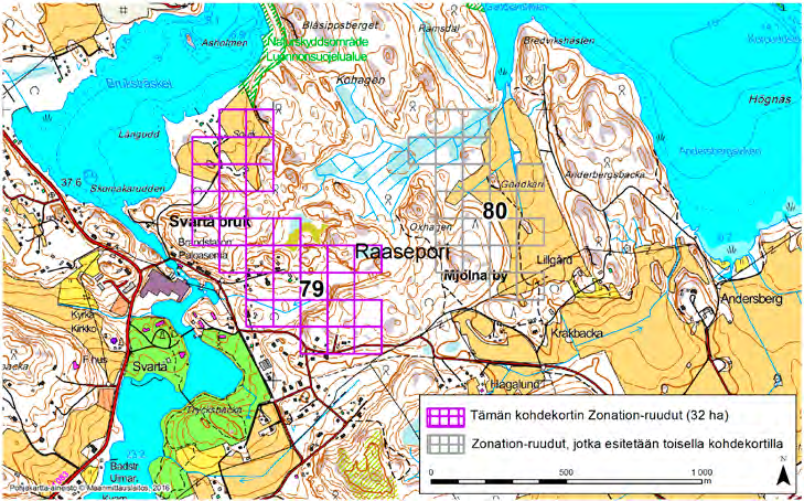 Raasepori, Zonation-aluetunnus 79 RAASEPORI (79) Alue sijaitsee Raaseporin koillisosissa Svartö brukin (Mustion ruukki) itäpuolella pääosin metsäisellä, mutta osin asutulla ja viljellyllä alueella.