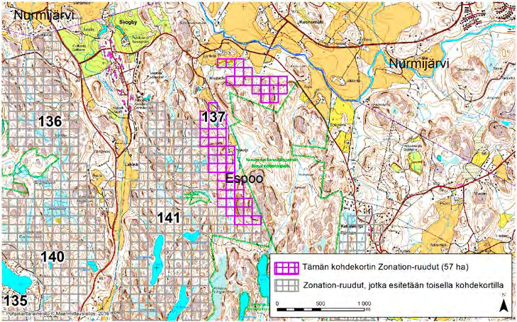 Espoo, Zonation-aluetunnus 137 ESPOO (137) Alue sijaitsee Espoon pohjoisosissa Ketunkorven (Rävkärr) ja Lakiston kylien välissä pääosin asumattomalla kallioisella metsäalueella.