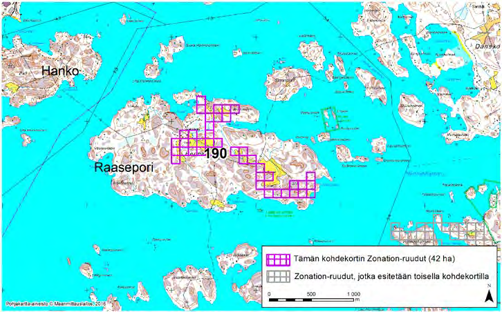 Raasepori, Zonation-aluetunnus 190 RAASEPORI (190) Alue sijaitsee Tammisaaren saariston itäosassa lähellä Hangon rajaa Hermansön saaren keski- ja kaakkoisosassa.