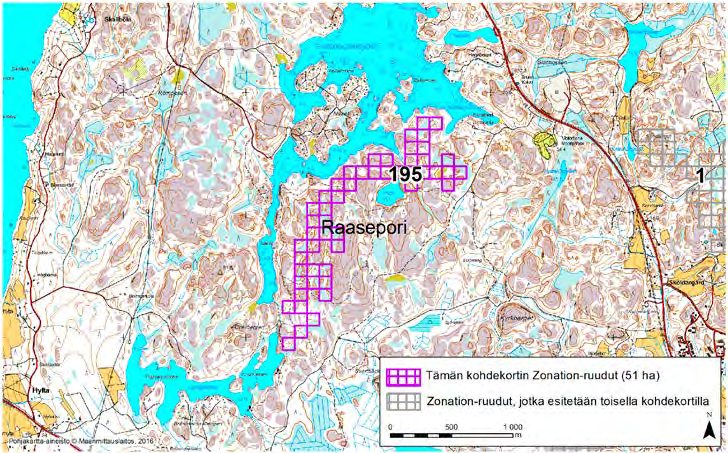 Raasepori, Zonation-aluetunnus 195 RAASEPORI (195) Alue sijaitsee Raaseporin keskiosassa noin 5,5 kilometriä Tammisaaren keskustasta luoteeseen, rauhallisen Grabbskog Storträsketin itä- ja