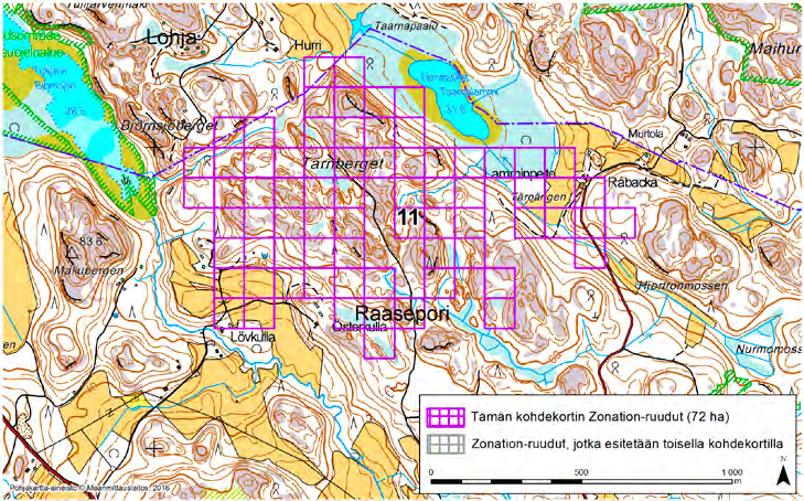 Raasepori Lohja, Zonation-aluetunnus 11 RAASEPORI LOHJA (11) Alue sijaitsee Raaseporin koillisosissa Björnbollstadin (Raasepori) kylän pohjoispuolella ja Bondbyn kylän itäpuolella lähes asumattomalla