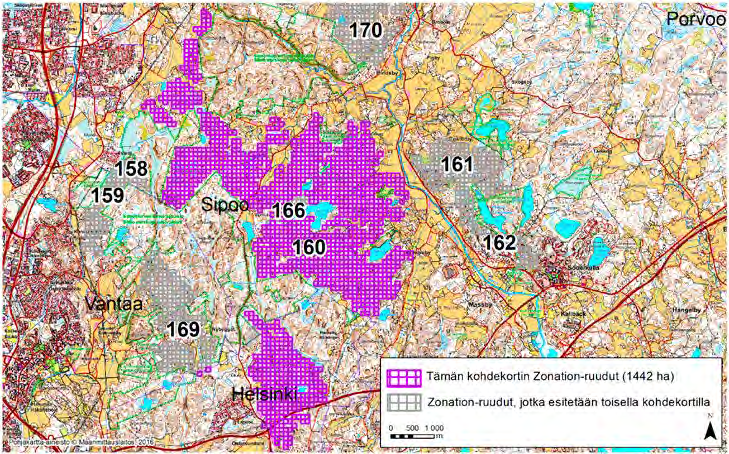 Sipoo, Zonation-aluetunnus 160 SIPOO (160) Alue sijaitsee Sipoon länsiosissa Hindsbyn kylän lounaispuolella ja Nikinmäen (Nissbacka) kylän (Vantaa) itäpuolella laajalla kaksiosaisella (pohjoinen