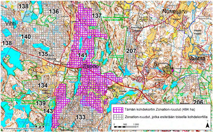 Espoo, Zonation-aluetunnus 141 ESPOO (141) Laaja, kaksiosainen alue sijaitsee Pohjois-Espoossa Rinnekodin ja Lakiston asuinalueen sekä Sorvalammen (Sarvsjö) välissä ulottuen itäosassaan osin Luukkaan