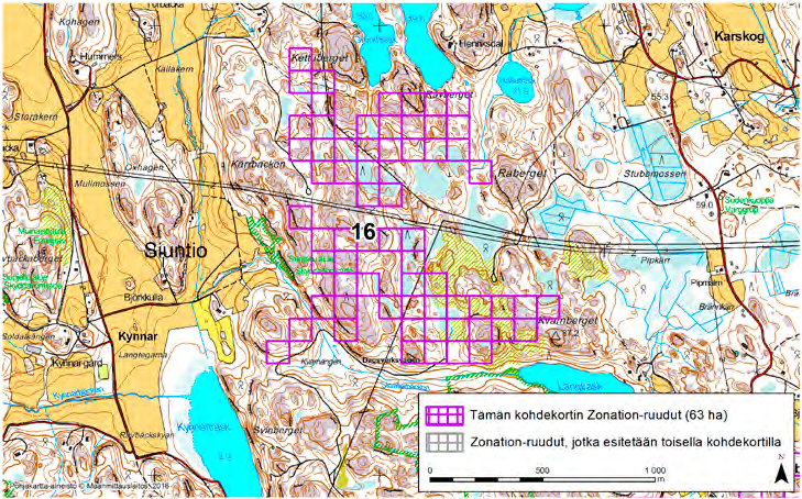 Siuntio, Zonation-aluetunnus 16 SIUNTIO (16) Alue sijaitsee Siuntion itäosissa Karskogin kylän lounaispuolella ja Kynnan kylän itäpuolella asumattomalla kallioisella metsäalueella.