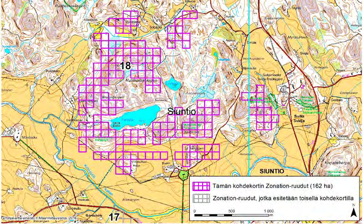 Siuntio, Zonation-aluetunnus 18 SIUNTIO (18) Alue sijaitsee Siuntion keskiosissa Suitian (Svidja) kylän länsipuolella ja Tyyskylän (Tjusterby) luoteispuolella kallio-, metsä- ja peltoalueella.