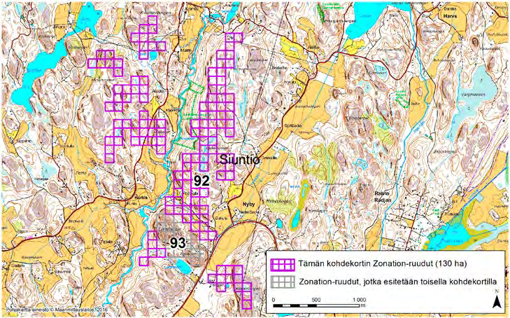 Siuntio, Zonation-aluetunnus 92 SIUNTIO (92) Kohde sijaitsee Siuntiossa, Myllykylän (Kvarnby) eteläpuolella alueella, jota luonnehtivat kaksi laajaa pohjois-eteläsuuntaista kalliojaksoa ja näiden